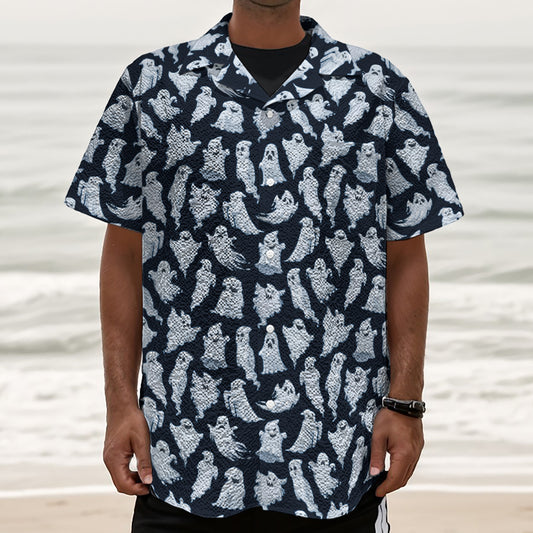 White Ghost Pattern Print Textured Short Sleeve Shirt