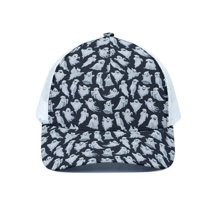 White Ghost Pattern Print White Mesh Trucker Cap