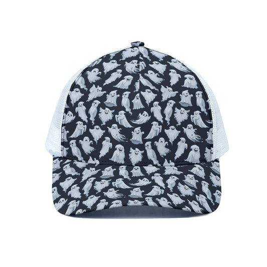 White Ghost Pattern Print White Mesh Trucker Cap
