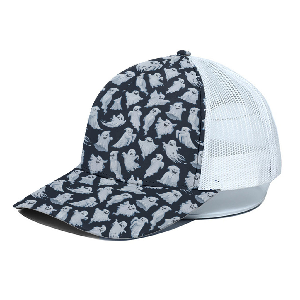 White Ghost Pattern Print White Mesh Trucker Cap