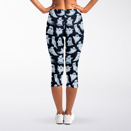White Ghost Pattern Print Women's Capri Leggings