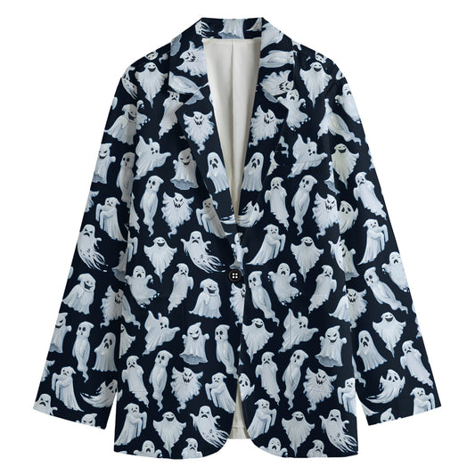 White Ghost Pattern Print Women's Cotton Blazer