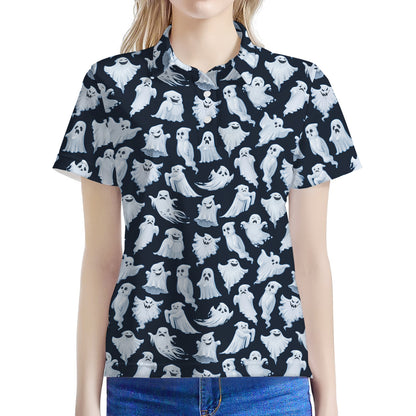 White Ghost Pattern Print Women's Polo Shirt