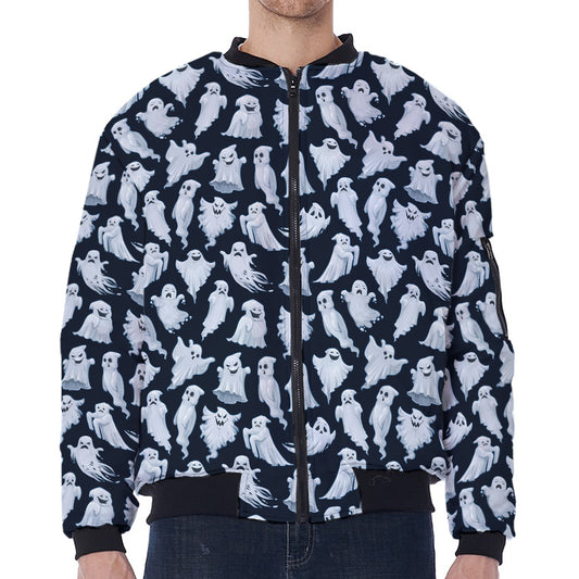 White Ghost Pattern Print Zip Sleeve Bomber Jacket