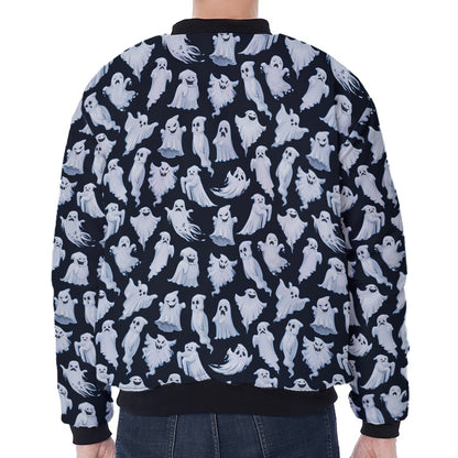 White Ghost Pattern Print Zip Sleeve Bomber Jacket