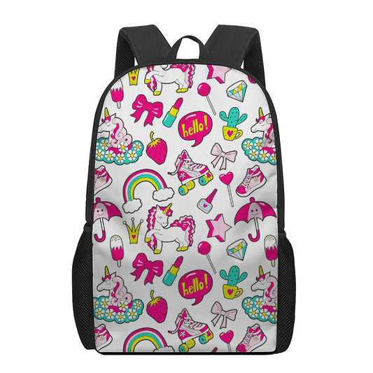 White Girly Unicorn Pattern Print 17 Inch Backpack