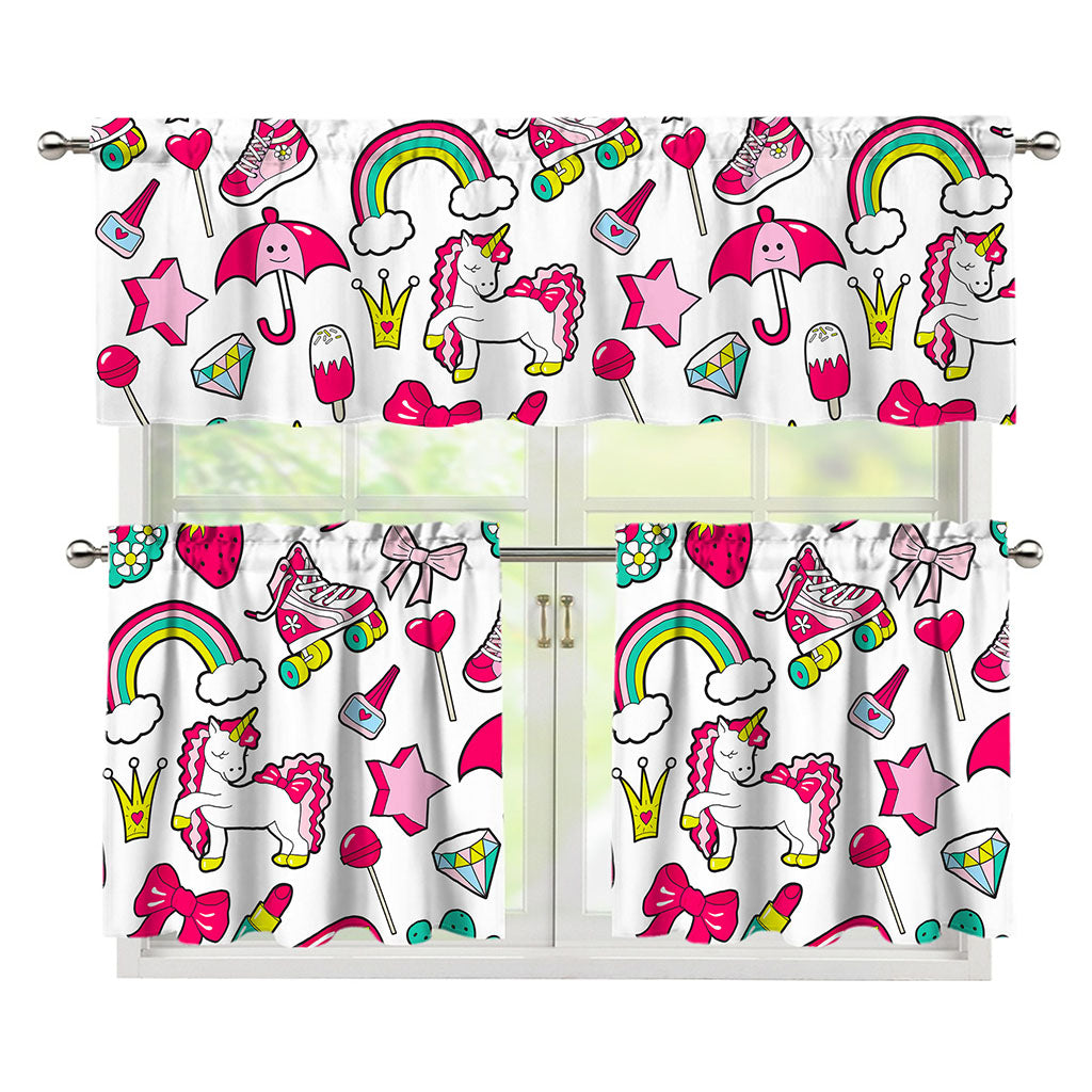 White Girly Unicorn Pattern Print 3 Piece Kitchen Curtains