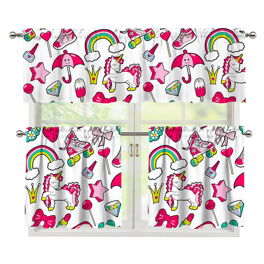 White Girly Unicorn Pattern Print 3 Piece Kitchen Curtains