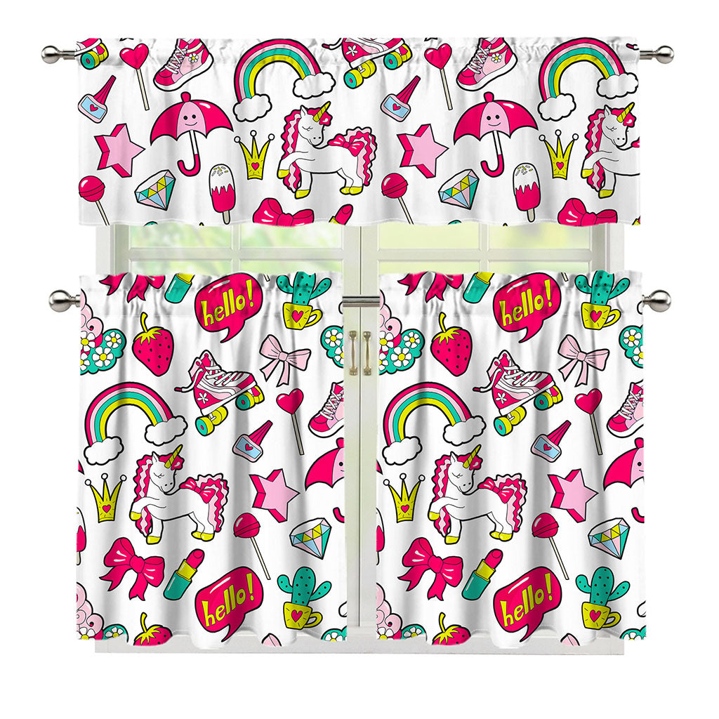 White Girly Unicorn Pattern Print 3 Piece Kitchen Curtains