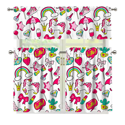 White Girly Unicorn Pattern Print 3 Piece Kitchen Curtains