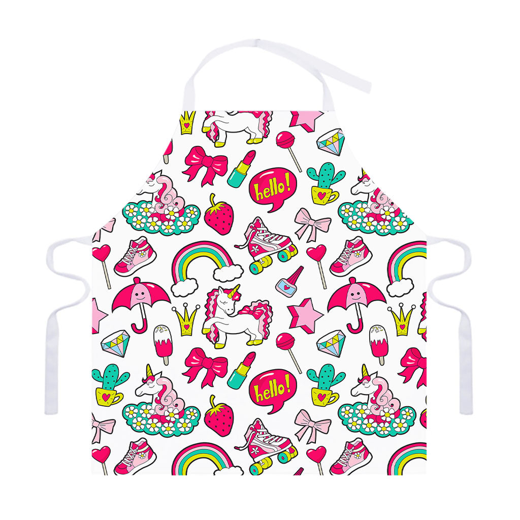 White Girly Unicorn Pattern Print Adjustable Apron