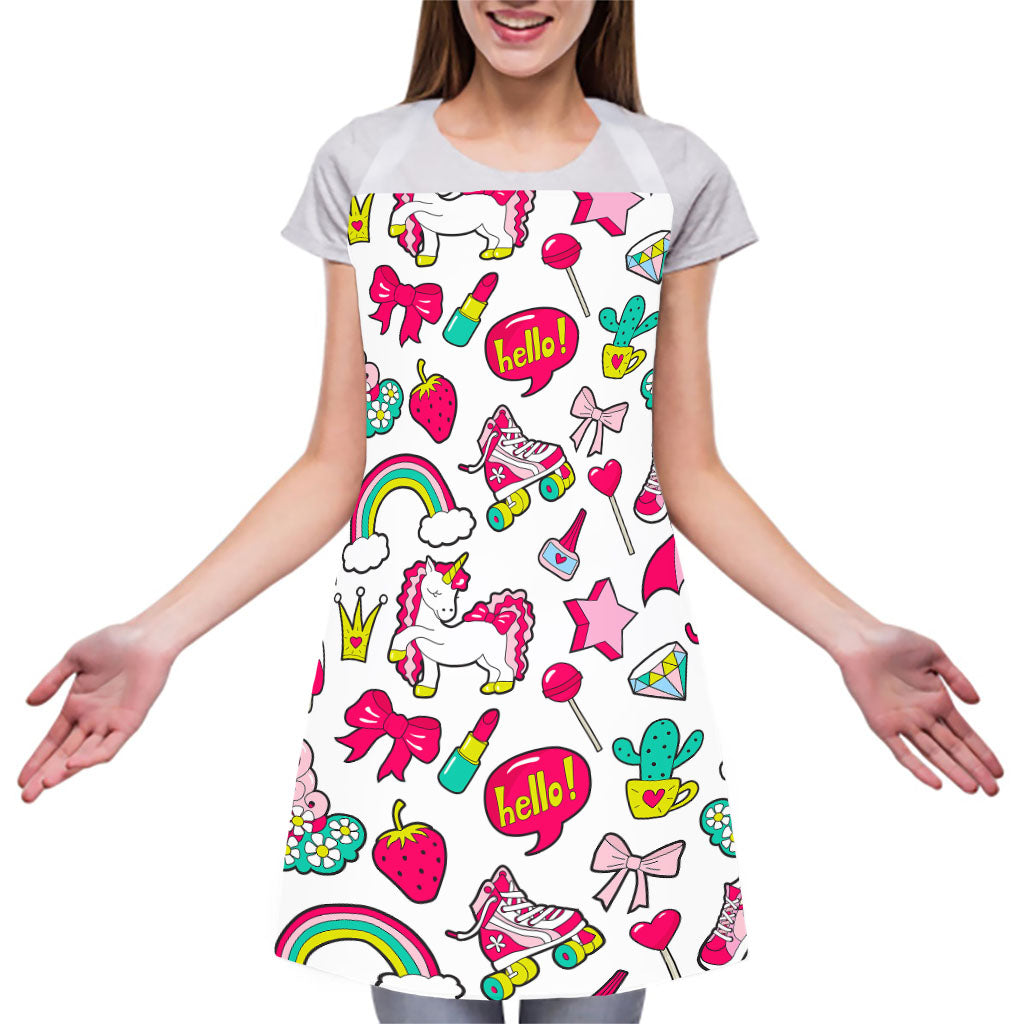 White Girly Unicorn Pattern Print Adjustable Apron