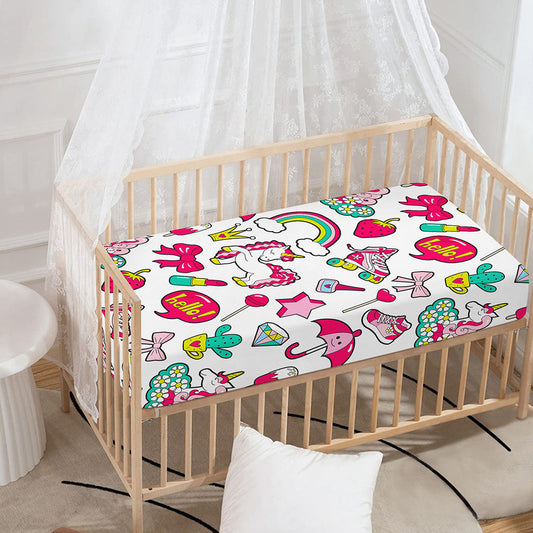 White Girly Unicorn Pattern Print Baby Crib Sheet