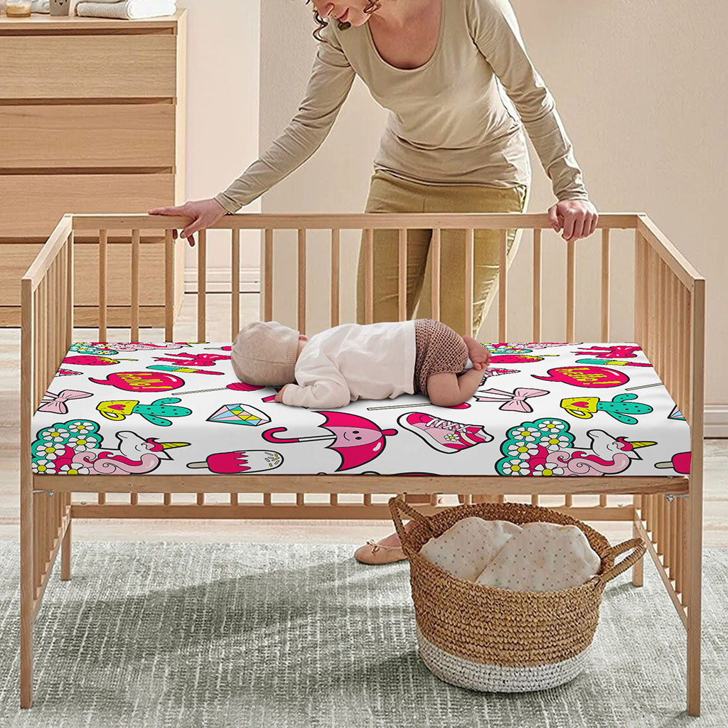 White Girly Unicorn Pattern Print Baby Crib Sheet