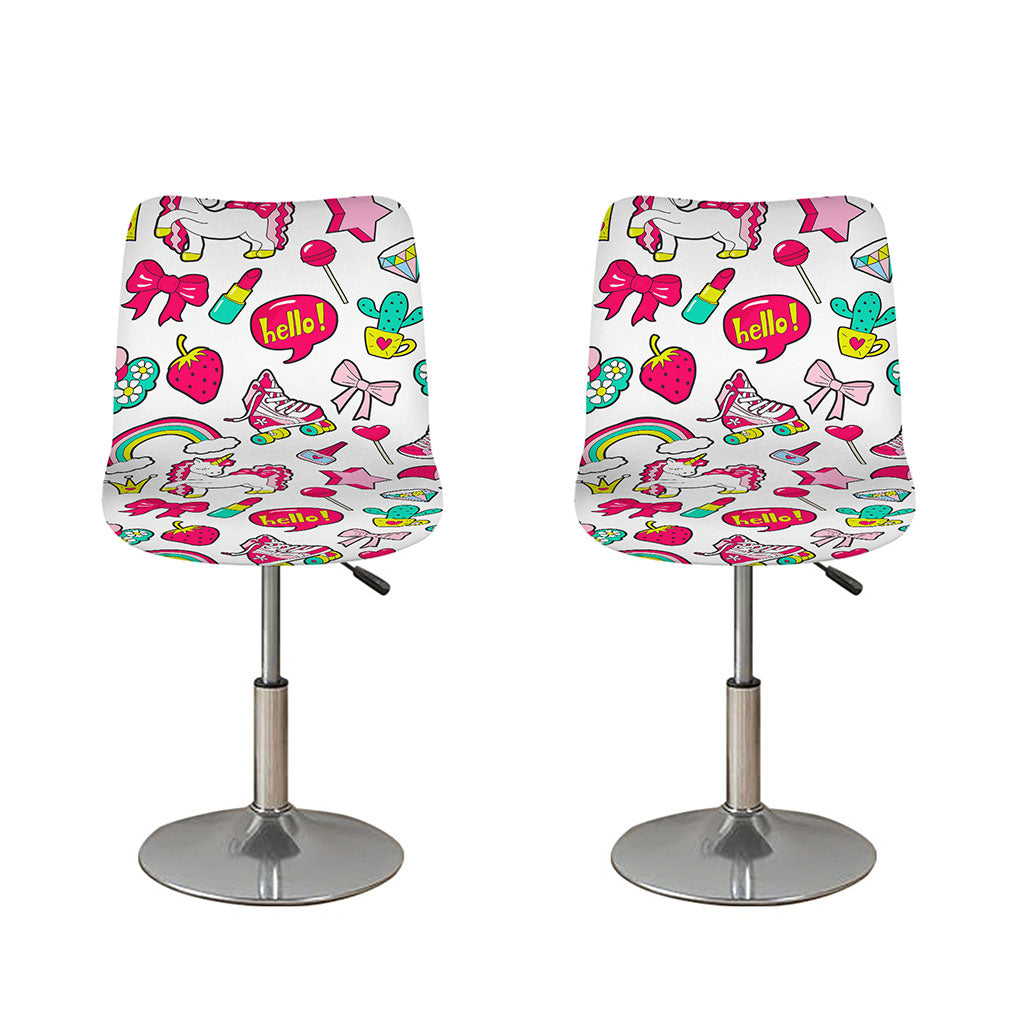White Girly Unicorn Pattern Print Bar Stool Covers