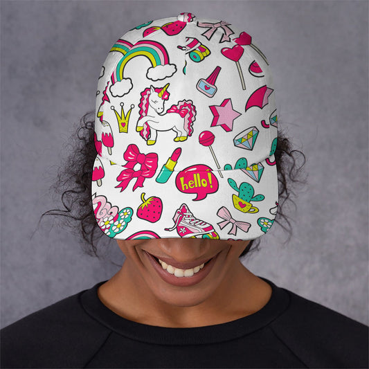 White Girly Unicorn Pattern Print Baseball Cap