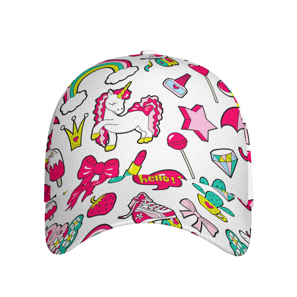 White Girly Unicorn Pattern Print Baseball Cap