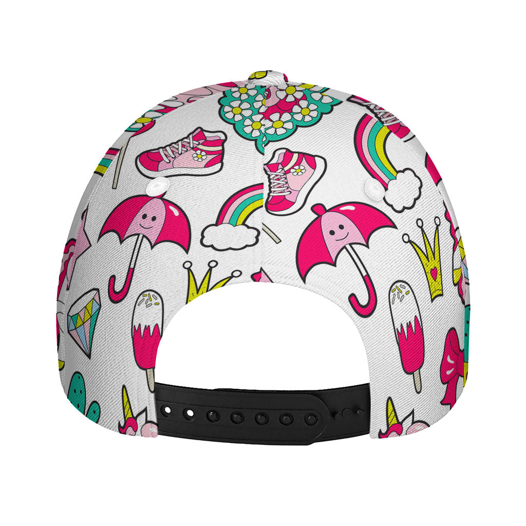 White Girly Unicorn Pattern Print Baseball Cap