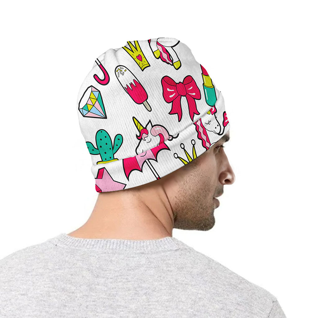 White Girly Unicorn Pattern Print Beanie