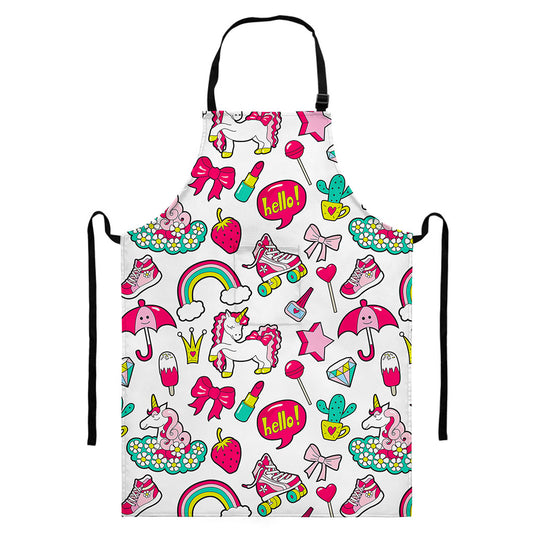White Girly Unicorn Pattern Print Bib Apron With Pocket