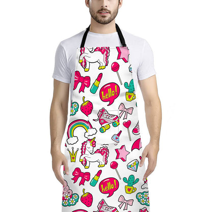 White Girly Unicorn Pattern Print Bib Apron With Pocket