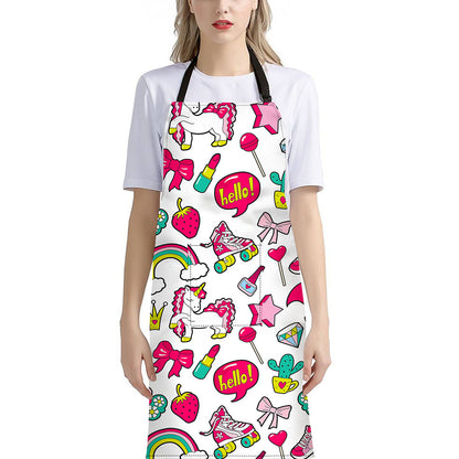 White Girly Unicorn Pattern Print Bib Apron With Pocket
