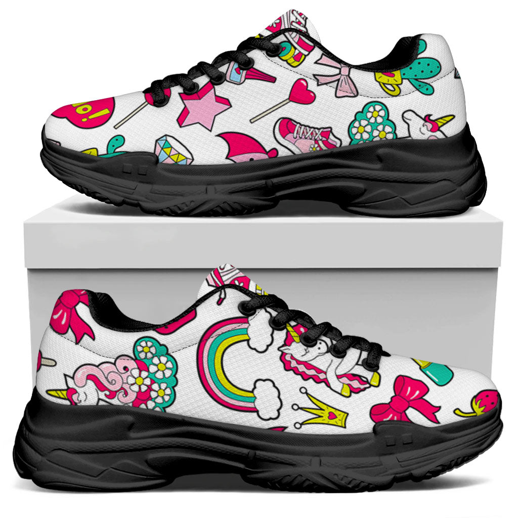 White Girly Unicorn Pattern Print Black Chunky Shoes