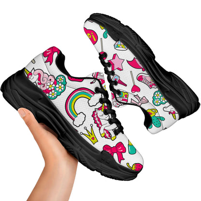 White Girly Unicorn Pattern Print Black Chunky Shoes