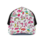 White Girly Unicorn Pattern Print Black Mesh Trucker Cap