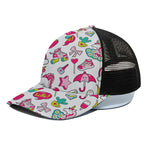 White Girly Unicorn Pattern Print Black Mesh Trucker Cap