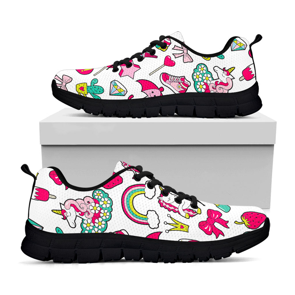 White Girly Unicorn Pattern Print Black Running Shoes
