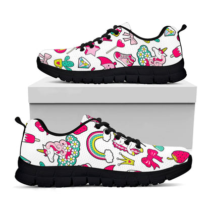 White Girly Unicorn Pattern Print Black Running Shoes