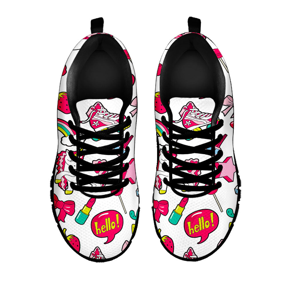 White Girly Unicorn Pattern Print Black Running Shoes
