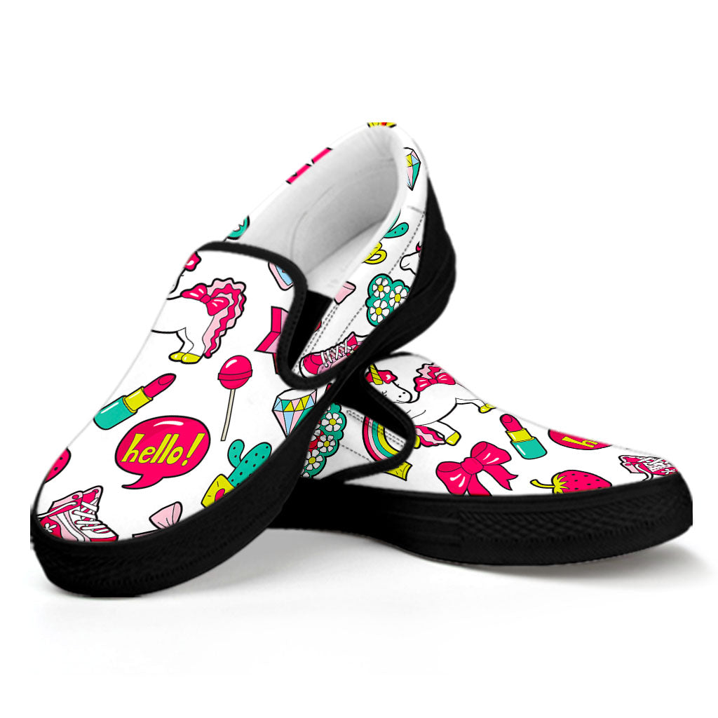 White Girly Unicorn Pattern Print Black Slip On Sneakers