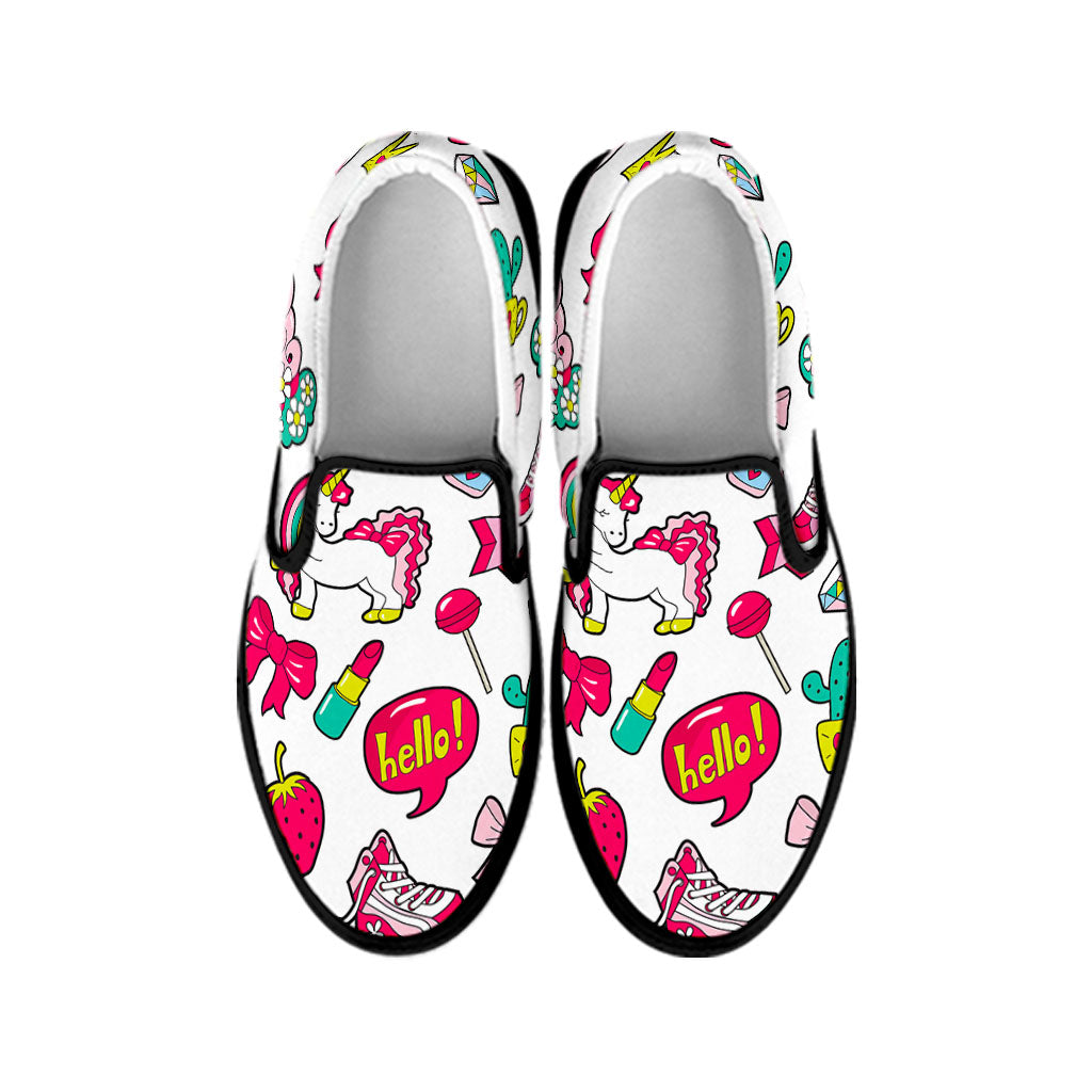 White Girly Unicorn Pattern Print Black Slip On Sneakers
