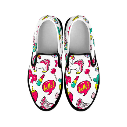 White Girly Unicorn Pattern Print Black Slip On Sneakers