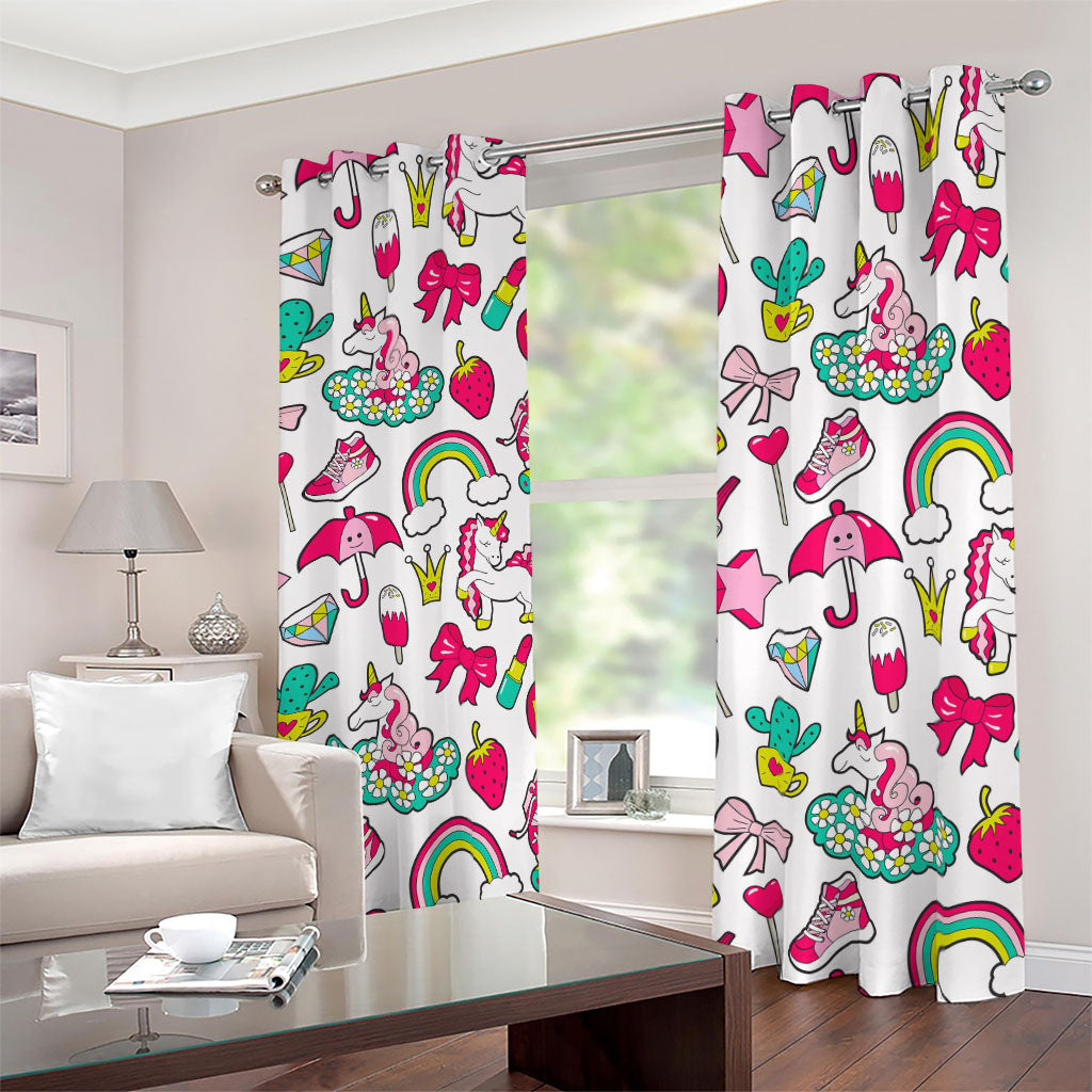 White Girly Unicorn Pattern Print Blackout Grommet Curtains