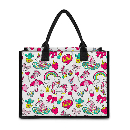 White Girly Unicorn Pattern Print Canvas Tote Bag