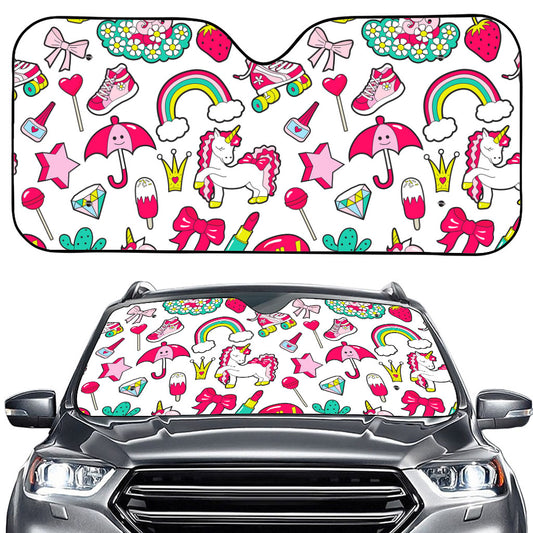 White Girly Unicorn Pattern Print Car Windshield Sun Shade