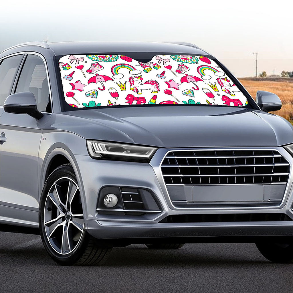 White Girly Unicorn Pattern Print Car Windshield Sun Shade