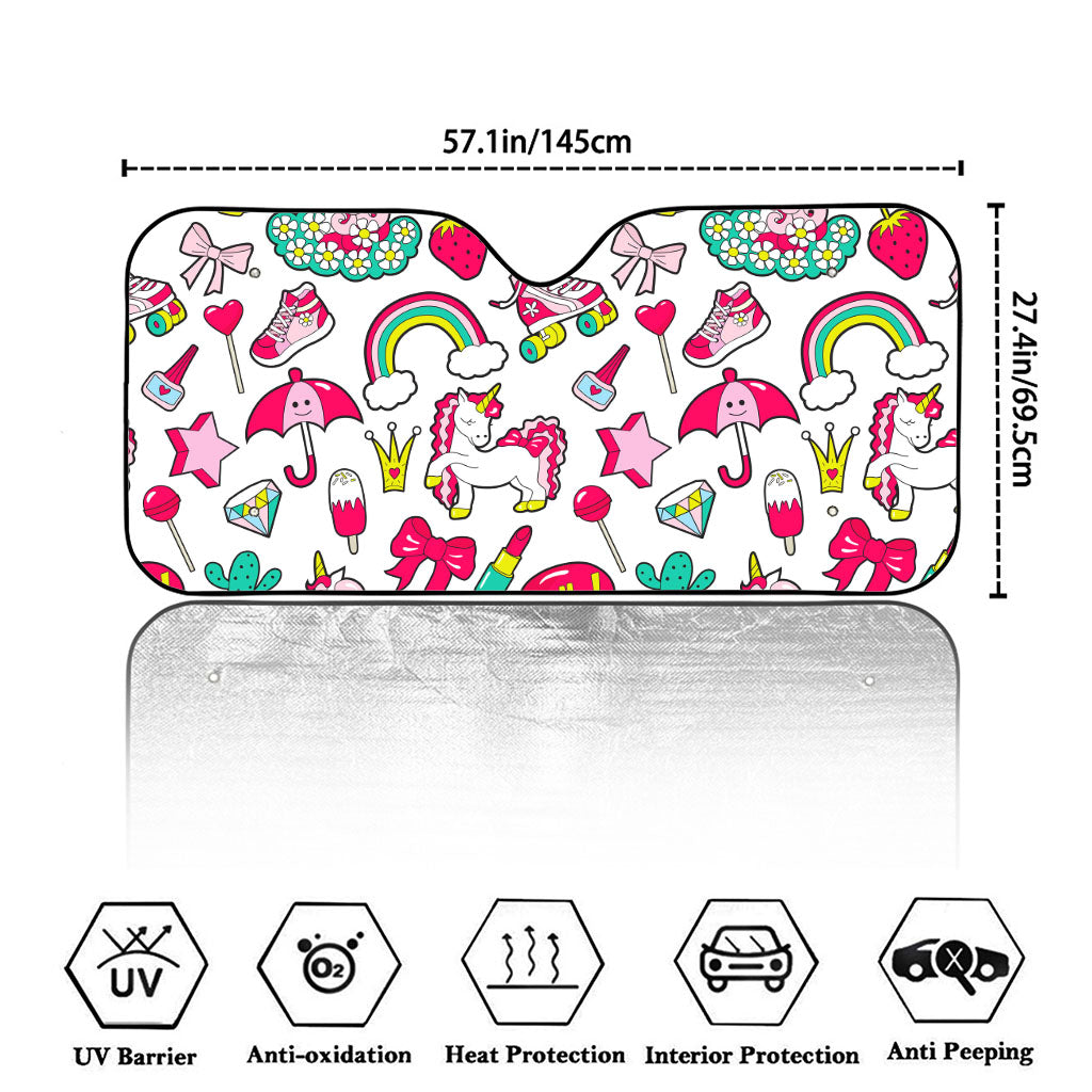 White Girly Unicorn Pattern Print Car Windshield Sun Shade