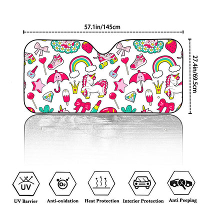White Girly Unicorn Pattern Print Car Windshield Sun Shade