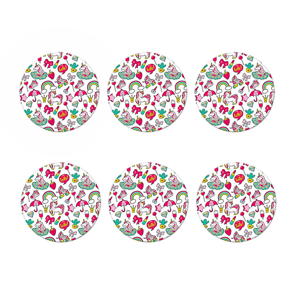 White Girly Unicorn Pattern Print Coaster Set