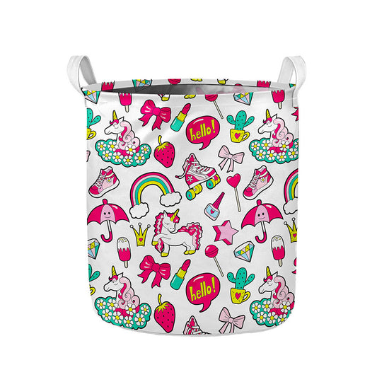 White Girly Unicorn Pattern Print Collapsible Laundry Basket
