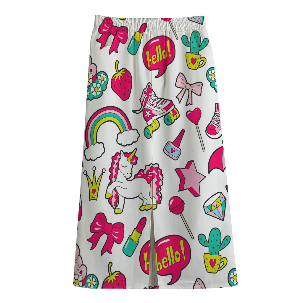 White Girly Unicorn Pattern Print Cotton Front Slit Maxi Skirt