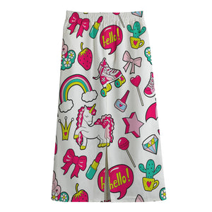 White Girly Unicorn Pattern Print Cotton Front Slit Maxi Skirt