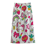 White Girly Unicorn Pattern Print Cotton Front Slit Maxi Skirt