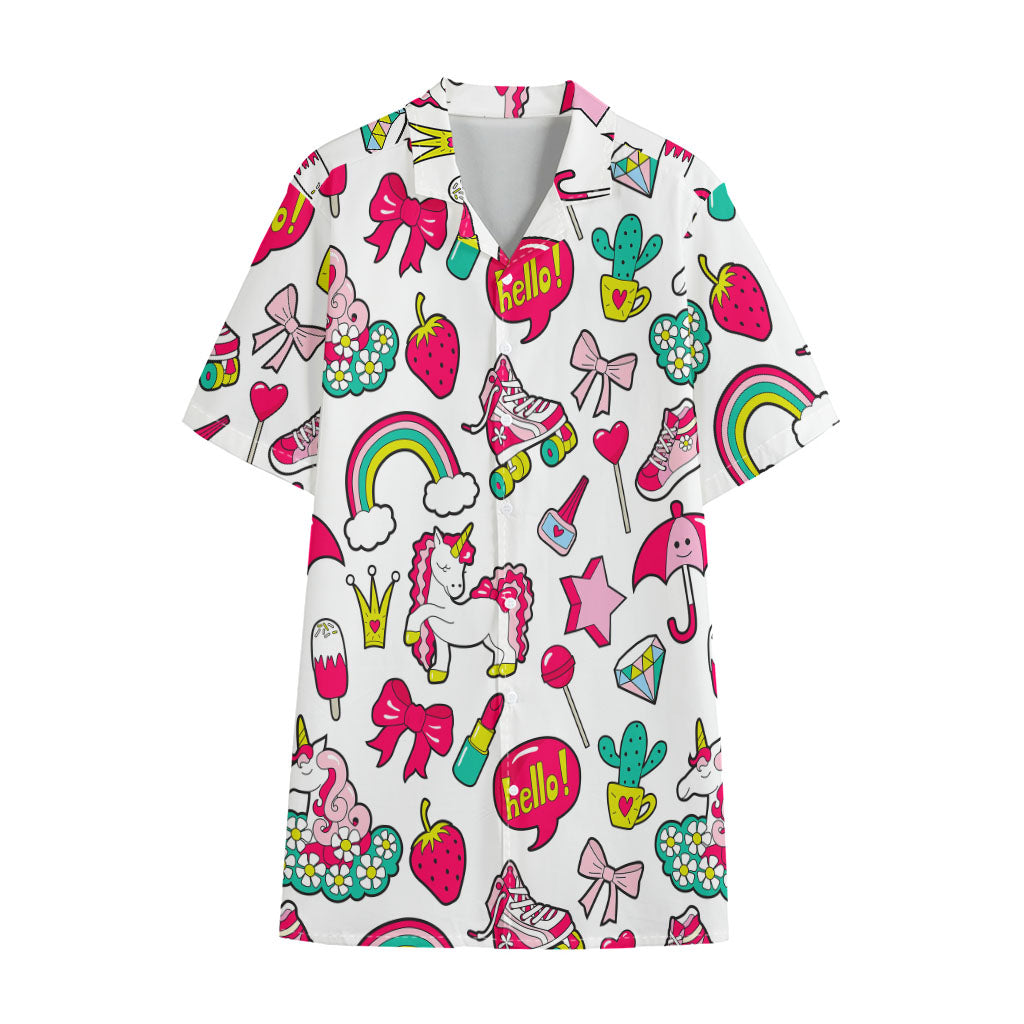 White Girly Unicorn Pattern Print Cotton Hawaiian Shirt