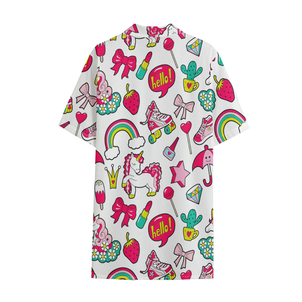 White Girly Unicorn Pattern Print Cotton Hawaiian Shirt