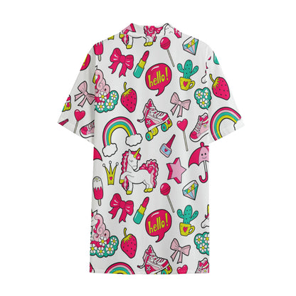 White Girly Unicorn Pattern Print Cotton Hawaiian Shirt